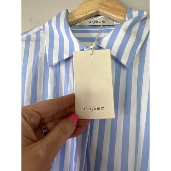 NWT The Femm Keith Poplin Striped Blue and White Long Sleeve Romper Size: Large - Picture 5 of 9